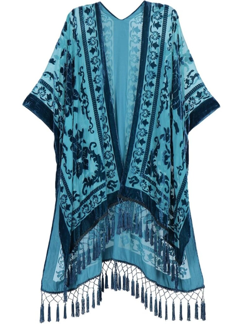Chic Women's Burnout Velvet Long Kimono Cardigan Cover-Up with Tassels